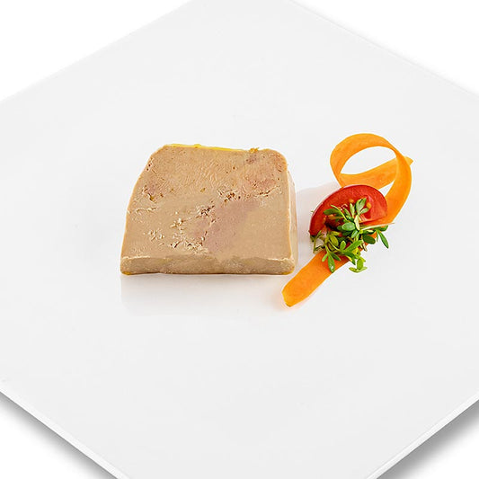 Hochwertiges Gänsestopfleberblock mit Stücken, Foie Gras, Trapezform von Rougié, 180 g - dezent gewürzt, mit marinierten Stopfleberstücken und attraktivem Schnittbild