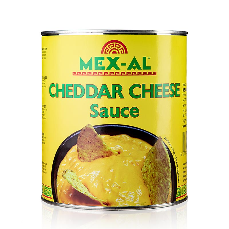 Eine große Packung Mex-Al Cheddar-Käsesauce, hergestellt aus Magermilch, Wasser, Stärke, Essig und Gewürzen, ideal zum Verfeinern von Fleisch-, Reis-, Nudel- und Gemüsegerichten