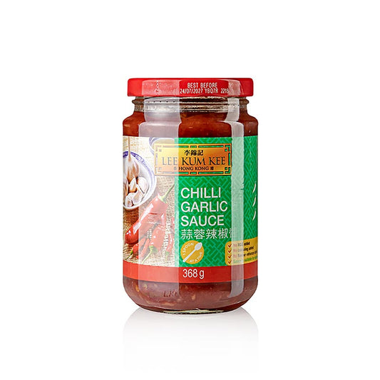 Chili-Sauce mit Knoblauch, Lee Kum Kee, 368 g - ideal zum Würzen und Verfeinern von Gerichten, perfekt für europäische Gaumen, nicht zu scharf, einfach lecker