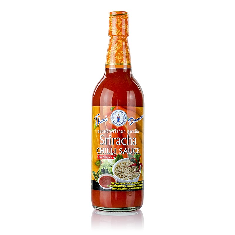 Sriracha Chilisauce - Sehr scharf, Thai Dancer, 730 ml, mit pürierten roten Chilischoten und Knoblauch Feuriger Geschmack, ca 7000 Scoville, charakteristischer Geschmack von Knoblauch und Zucker