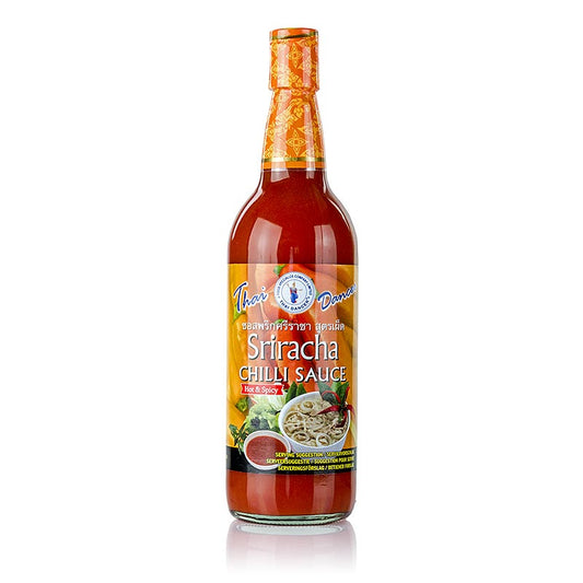Sriracha Chilisauce - Sehr scharf, Thai Dancer, 730 ml, mit pürierten roten Chilischoten und Knoblauch Feuriger Geschmack, ca 7000 Scoville, charakteristischer Geschmack von Knoblauch und Zucker