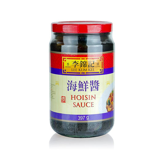 Hoi Sin Sauce, Lee Kum Kee, 397 g - eine unentbehrliche kantonesische Spezialität für die chinesische Küche, als Marinade und Sauce für klassische Gerichte wie gebratene Ente, gegrilltes Fleisch oder Seafood