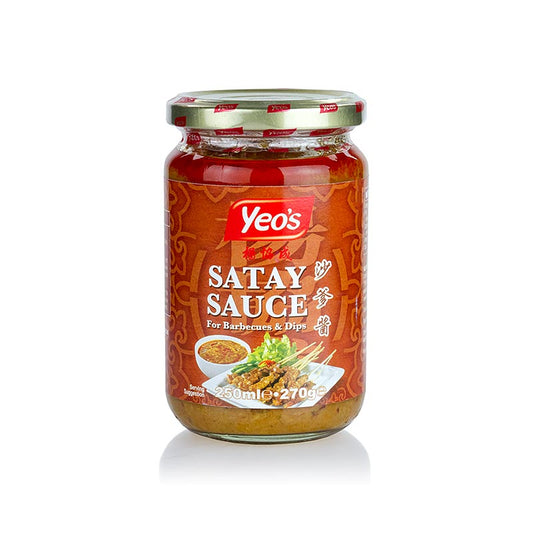 Erdnuss-Sauce für Sate-Spieße, Yeo´s, 250 ml - Perfekte Sauce für würzig marinierte Sate-Spieße aus Fleisch, Fisch oder Geflügel, kann auch mit Wasser oder Kokosmilch verdünnt werden