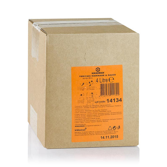 Bild einer 4-Liter-Packung von Kikkoman Teriyaki-Sauce, ideal als Dip oder Marinade aus Sojasauce, Mirin, Zucker und Gewürzen für Fleisch, Fisch und Gemüse in der asiatischen Küche
