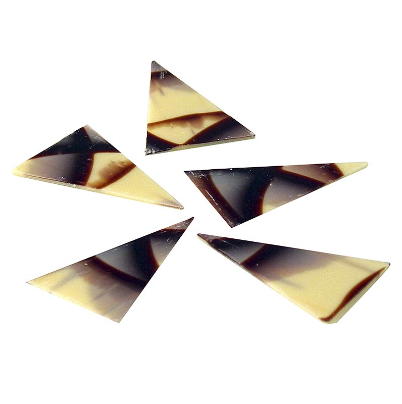 Detailaufnahme des Deko-Auflegers Diablo in Dreiecksform aus weißer und dunkler Schokolade, mit den Maßen 35x55mm und einem Gewicht von 585 g, verpackt in einer Menge von 290 Stück