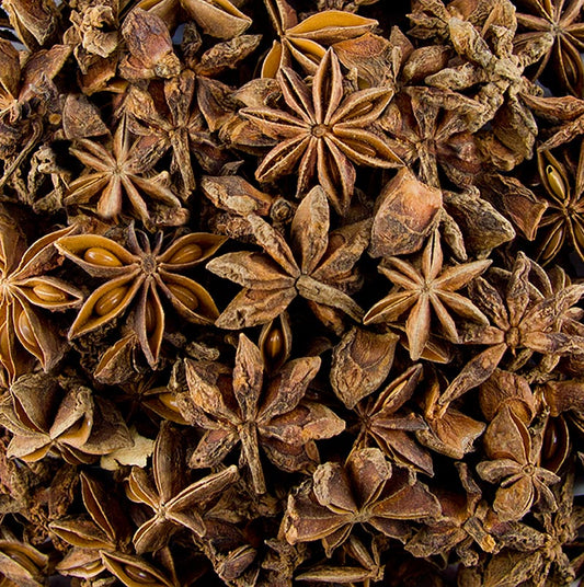 Produktbild von Stern-Anis, ganz, 1 kg - die Frucht eines südchinesischen Magnolienbaums, verwendet in vielen asiatischen Gerichten und Würzmischungen, besonders für Weihnachtsgebäck