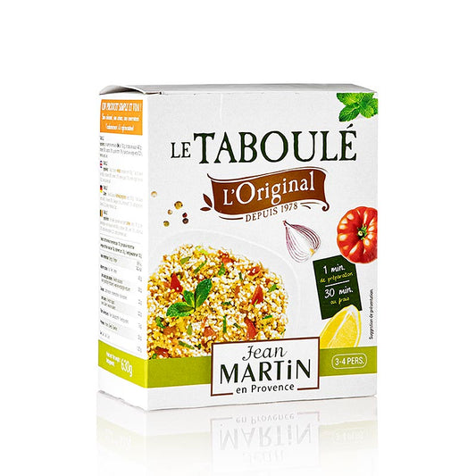 Taboulé Fertigmix mit Beutel Cous-Cous und Glas Sauce, erfrischend sommerlicher Geschmack mit Tomaten, Zwiebeln, Zitronensaft, Olivenöl, Minze und Petersilie, ideal als Beilage zu Grillfleisch