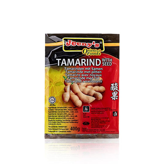 Block mit Kernen, reine Tamarinde zur Weiterverarbeitung, 400 g - Illustration des Tamarindenprodukts, das zur weiteren Verarbeitung in heißem Wasser aufgelöst und abgeseiht wird, mit saurem und fruchtigem Geschmack, das in südindischen Gerichten verwendet wird und auch in Worcester-Sauce enthalten ist
