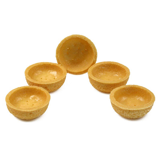 Mini Dessert-Tartelettes, rund, ø 3,8cm, H 1,8cm, Mürbeteig, 1,19 kg, 270 St - Bild einer Verpackung mit 270 runden Mini-Dessert-Tartelettes aus Mürbeteig, ideal zum Befüllen mit verschiedenen Cremes, Eis und Puddings