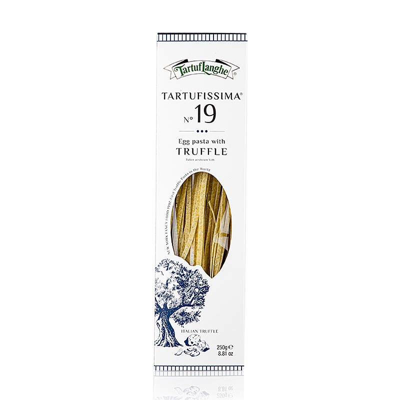 Tartuflanghe Trüffel-Nudeln, Tagliatelle, mit 7% Sommertrüffel, No19 250 g - Pasta aus Hartweizengrieß, Eiern und Sommertrüffeln, ideal als Beilage für sämtliche Trüffelgerichte, gekocht in gesalzenem Wasser und mit Butter erwärmt, mit reichlich Parmesankäse bestreut serviert