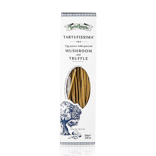 Packung Tartuflanghe Trüffel Nudeln, Steinpilz, mit 3% Sommertrüffel 250 g, eine gastronomische Spezialität mit Steinpilzen und Sommertrüffeln, die in 2 Liter mit Meersalz gesalzenem Wasser für ca 5 Minuten gekocht und dann abgetropft und mit etwas Butter erwärmt werden, bevor sie heiß serviert und reichlich mit Parmesankäse bestreut werden