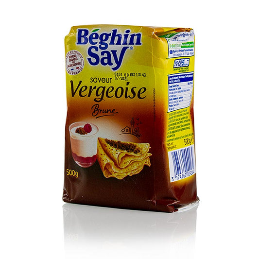 Brauner, mit Karamel aromatisierter Vergeoise Zucker, hergestellt aus Zuckerrüben, ideal für Kuchen, Flan oder Crépes, fein und leicht feucht, auch in 5 kg erhältlich