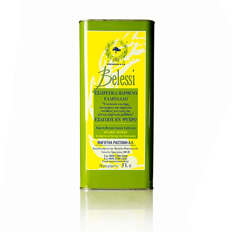 Five liter bottle of Natives Olivenöl Extra from Belessi, Peloponnes, a high-quality Greek olive oil (English)