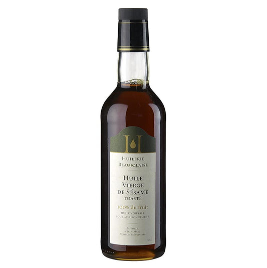Huilerie Beaujolaise Sesamöl geröstet, Auslese Nativ, 500 ml - Hochwertiges geröstetes Sesamöl aus Beaujeu, hergestellt von Jean-Marc Montegottero, verleiht Salaten, Rohkost, Fleisch, Fisch und Gebäck eine orientalische Note