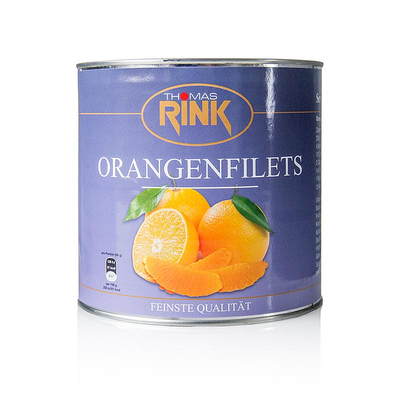 German: Frische und saftige Orangen-Filets, sorgfältig kalibriert und leicht gezuckert, in einer Packung von 2,65 kg
