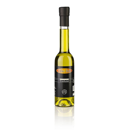 Flasche CIBO BOS Natives Olivenöl Extra mit weißem Trüffelgeschmack (Trüffelöl) auf einem Holztisch, ideal zum Verfeinern von Vorspeisen, Pilzsalaten, Filetsteaks und Käsesorten, 250 ml