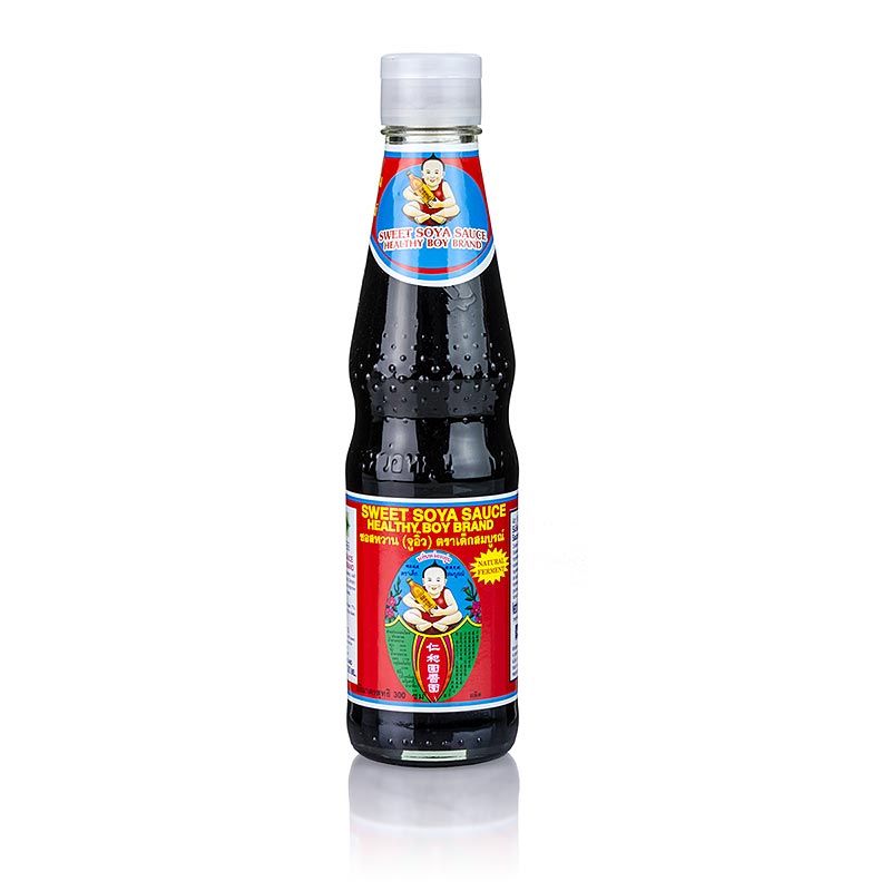 Soja-Sauce - Shoyu, Healthy Boy, süß mit 70% Zucker, dickflüssig, 300 ml: Eine süße Soja-Sauce von Healthy Boy mit dickflüssiger Konsistenz, die asiatischen Gerichten eine süße Note verleiht