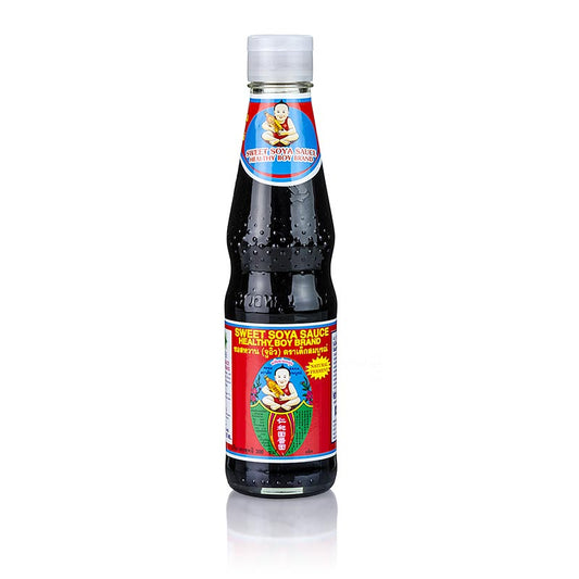 Soja-Sauce - Shoyu, Healthy Boy, süß mit 70% Zucker, dickflüssig, 300 ml: Eine süße Soja-Sauce von Healthy Boy mit dickflüssiger Konsistenz, die asiatischen Gerichten eine süße Note verleiht