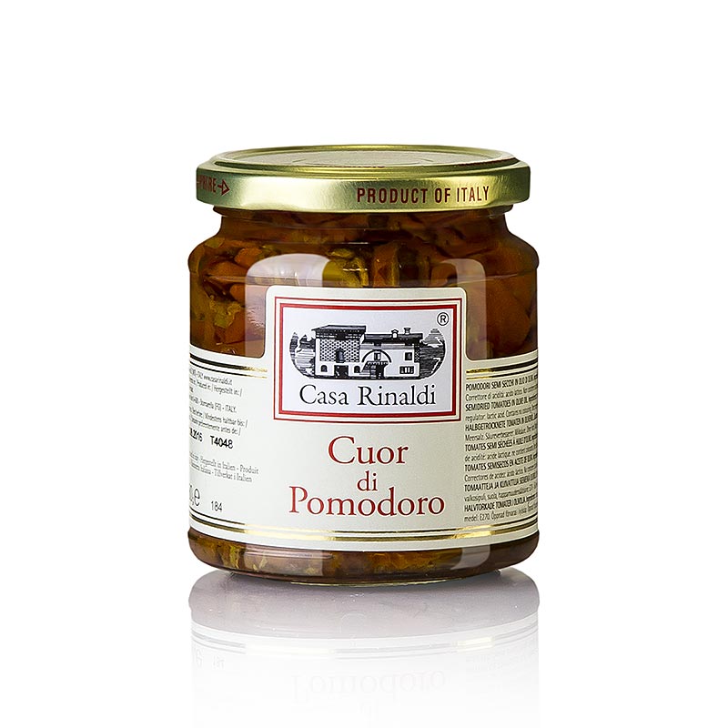 Halbgetrocknete Tomaten in Olivenöl, Casa Rinaldi, 280 g - fruchtiger Geschmack, ideal als Beilage zu kalten Platten und Antipasti, weiche Tomatenhaut, ohne Farbstoffe hergestellt