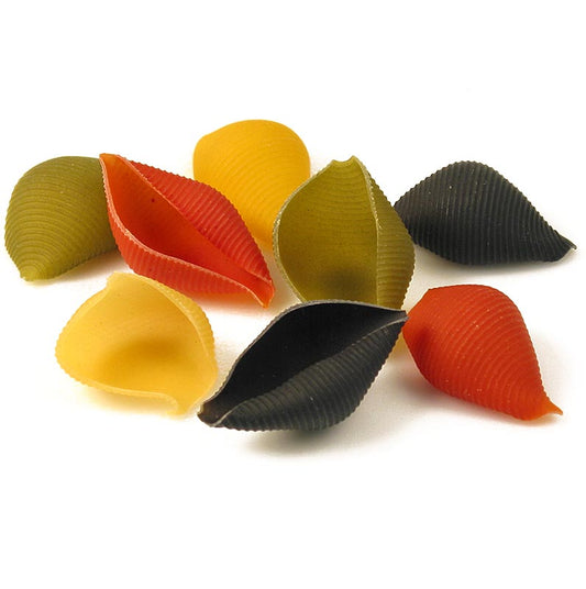 Muschelnudeln zum Füllen, Conchiglioni Arleccino, 4-farbig, 500 g aus Hartweizengrieß mit Tomatenpulver, Curcumapulver, Spinatpulver und Tintenfischfarbe