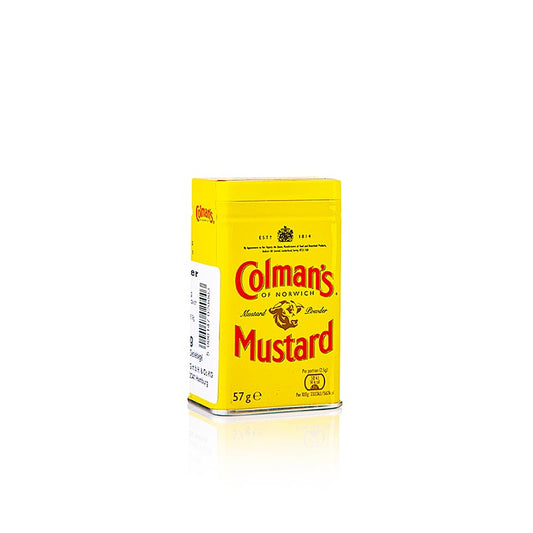 Colman´s Senf-Pulver, England, 57 g - Traditioneller englischer Senf, bekannt seit 1814, ausgewogen im Geschmack mit Säure, Schärfe und zuckerrohrartiger Süße, ideal für Senfkrusten und zum Bepinseln von Braten, feines, rundes Aroma, bleibt lange auf der Zunge
