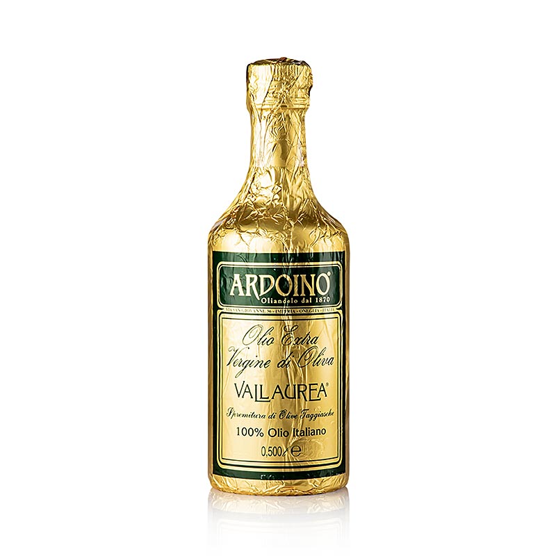 Natives Olivenöl Extra Ardoino Vallaurea, unfiltriert, in Goldfolie, 500 ml: Schimmerndes goldgelbes Olivenöl aus Taggiasca-Oliven, kaltgepresst, mit zartem Mandel- und Piniengeschmack