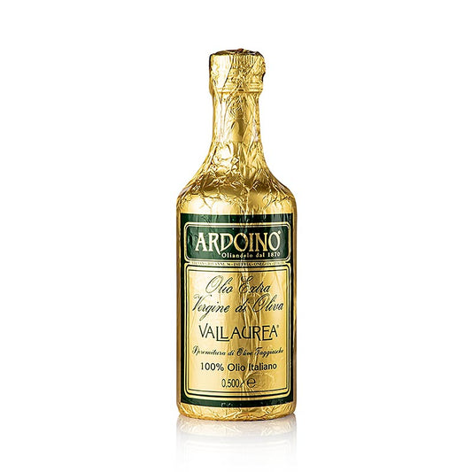 Natives Olivenöl Extra Ardoino Vallaurea, unfiltriert, in Goldfolie, 500 ml: Schimmerndes goldgelbes Olivenöl aus Taggiasca-Oliven, kaltgepresst, mit zartem Mandel- und Piniengeschmack