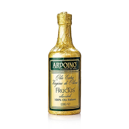 Natives Olivenöl Extra, Ardoino Fructus, ungefiltert, in Goldfolie, 500 ml - handgepflückte Oliven, mechanisch gepresst, fruchtiger Duft, ideal für Vorspeisen und Salate, Säure: 0,4 - 0,5 %, Farbe: leicht Gold