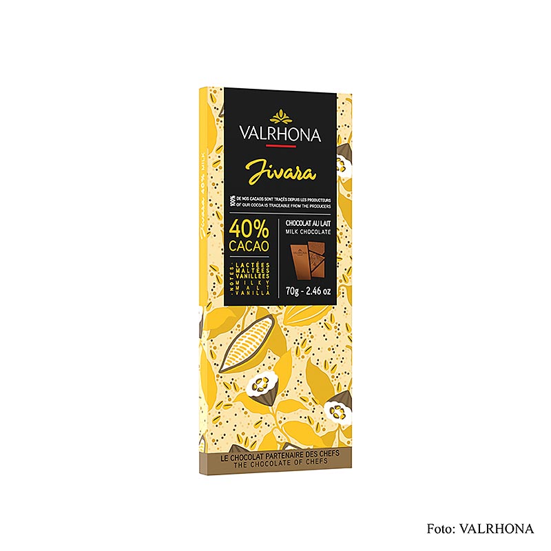 Valrhona Jivara - Vollmilchschokolade, 40% Kakao, 70 g - cremige, milde Schokolade mit angenehm betontem Kakaogeschmack, zarten Malz- und Vanillenoten, ideal als kleine Aufmerksamkeit
