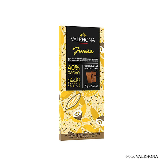 Valrhona Jivara - Vollmilchschokolade, 40% Kakao, 70 g - cremige, milde Schokolade mit angenehm betontem Kakaogeschmack, zarten Malz- und Vanillenoten, ideal als kleine Aufmerksamkeit