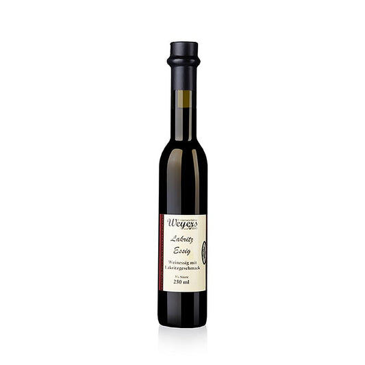 Schlanke, schwarze Flasche Weyers Lakritz-Essig mit 5% Säure, 250 ml, perfekt für bittere Salate und Vinaigrettes mit griechischem Olivenöl