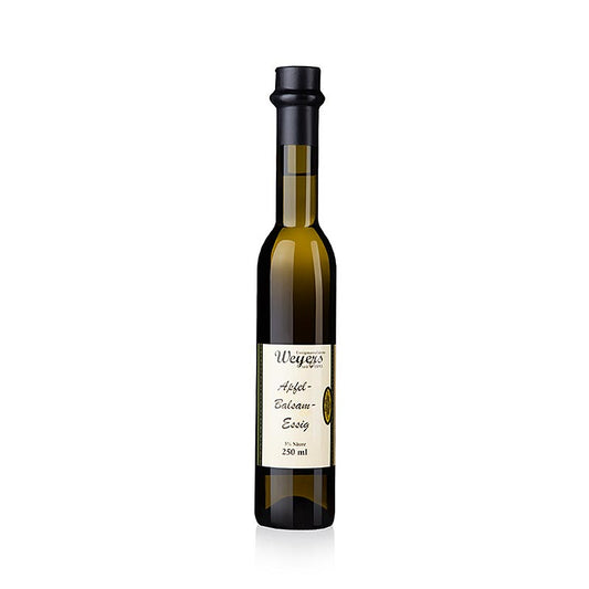 Apfel-Balsamessig von Weyers, 5% Säure, 250 ml, hergestellt aus reinem Apfeldirektsaft, im Eichenfass gelagert, in eleganter schwarzer Flasche, hergestellt von der Essigmanufaktur Carl Weyers in Köln seit 1893