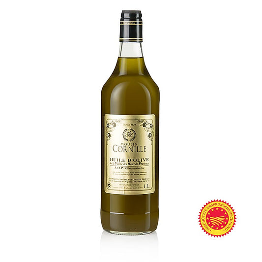 Olio d'oliva extravergine, Fruité Noir, dal sapore delicato e leggermente dolce, Baux de Provence, DOP, Cornille, 1 l
