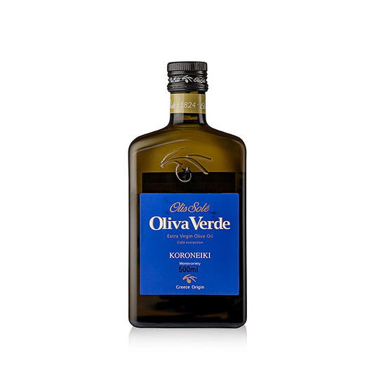500 ml Flasche natives Olivenöl Extra, Oliva Verde, hergestellt aus handgepflückten Koroneiki Oliven, unfiltert und ohne zusätzliche Behandlung, mit stark ausgeprägtem Duft und fruchtiger Frische, samtig gold-grüne Farbe, angenehm fruchtiger Geschmack nach Artischoken mit bitterem Nachklang, ideal zum Verfeinern von Pesto, Einlegen von Delikatessen und Kochen von Gemüsesuppen