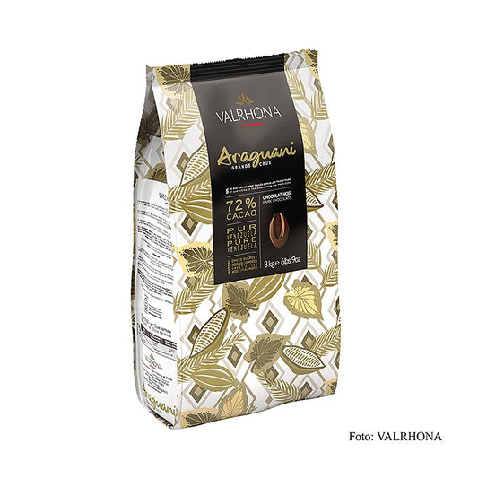 Valrhona Araguani Grand Cru, dunkle Couverture, Callets, 72% Kakao, Venezuela, 3 kg: Bittere und kräftige Schokolade mit Aromanoten von Lakritze, Rosinen und Edelkastanien, hergestellt aus venezolanischen Kakaobohnen