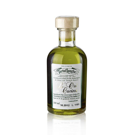 Ein 100 ml Flasche Tartuflanghe Natives Olivenöl Extra L´Oro in Cucina m weißem Trüffel & Aroma, ein Extra Vergine Olivenöl mit gefriergetrockneten weißen Trüffeln und Trüffelaroma, ideal als Trüffelersatz oder zur Geschmacksanreicherung von Vorspeisen, Spiegeleiern, Pilzsalaten, Filetsteaks, Tartar und Käsesorten