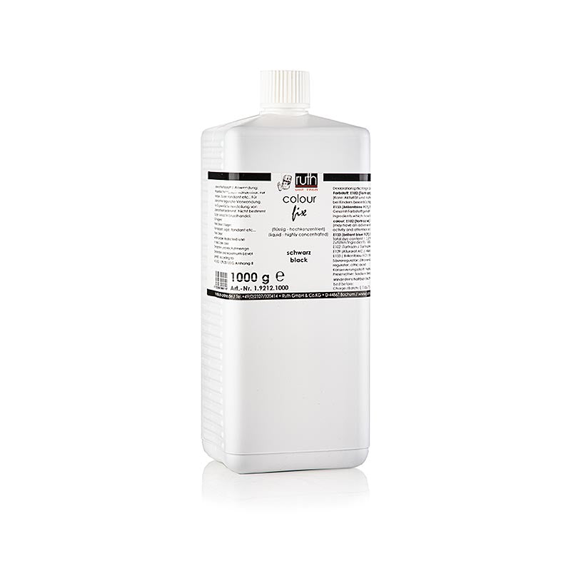 Flüssige, hochkonzentrierte schwarze Lebensmittelfarbe Ruth 9812, hitzebeständig bis 150°C, ideal zum Einfärben von Zucker, Marzipan, Fondant, Konfekt und Kuchen