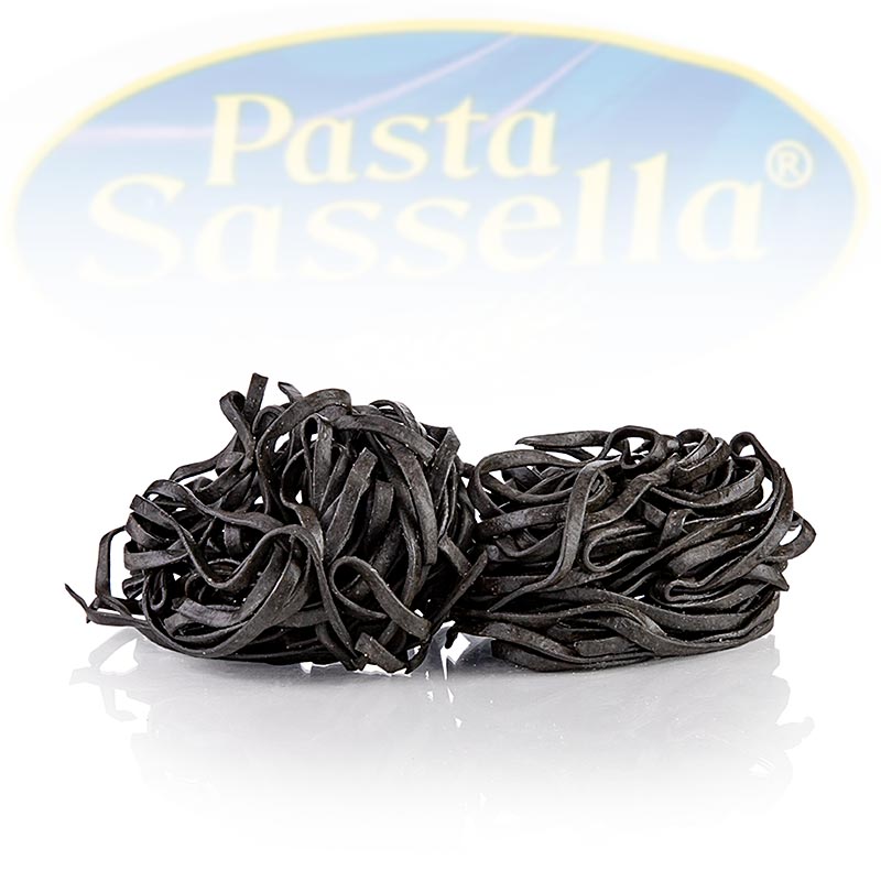 Tagliarini freschi al nero di seppia, neri, pasta a nastro, 4 mm, Sassella, 500 g