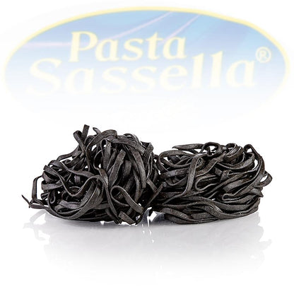 Tagliarini freschi al nero di seppia, neri, pasta a nastro, 4 mm, Sassella, 500 g