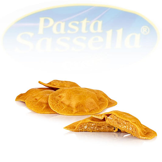 Frische Agnolotti mit Tomate-Mozzarella-Füllung, rund und rot, Sassella, 500 g - hausgemachte Nudeln von hoher Qualität, perfekt al dente gekocht, ideal mit Käse-Sahne-Sauce