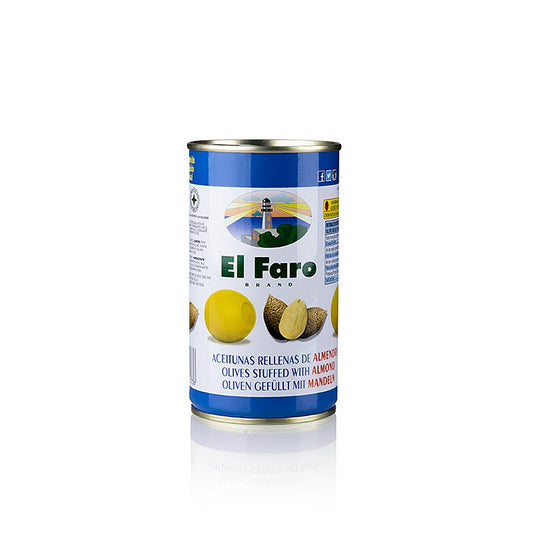 Grüne Oliven mit Mandeln in Salzlake von El Faro, 350 g - ideal als Barsnack oder Salatgarnitur, unreif gepflückt und mit Lauge behandelt, für ein tolles Mundgefühl und verbesserte Konsistenz