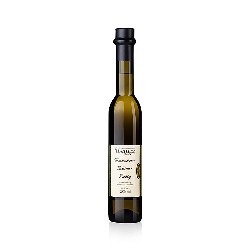 Holunderblütenessig, hergestellt aus Weißwein- und Branntweinessig und frischen Holunderblüten, ideal für Frucht- und Beerensalate geeignet