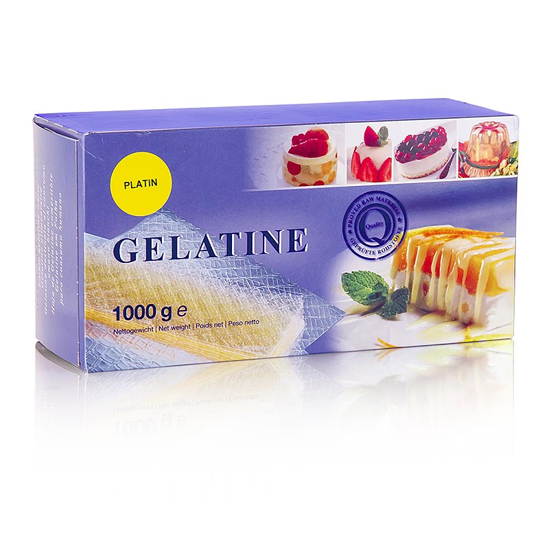 Blatt-Gelatine - Platin, 230 Bloom, 1 kg, ca580 St: hochwertige transparente Gelatine aus Schweineschwarten für glänzende und transparente Vorzeige-Vorspeisen, ideal für Cremes, Mousse, Terrinen und aromatisierte Gelees, einfach in kaltem Wasser einweichen und in kalten Speisen auflösen