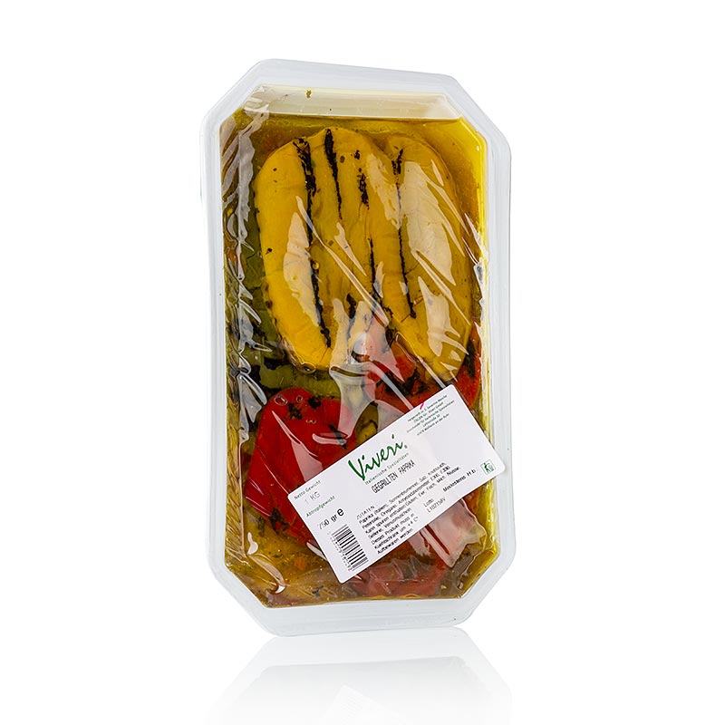 Eingelegte gegrillte Paprika in Sonnenblumenkernöl mit Gewürzen und Knoblauch Ideal als Vorspeise oder Beilage zu kalten Platten
