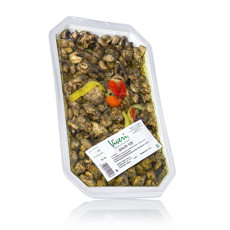 Eingelegte gegrillte Champignons in Sonnenblumenöl mit Gewürzen und Knoblauch, ideal als Vorspeise oder Beilage zu kalten Platten