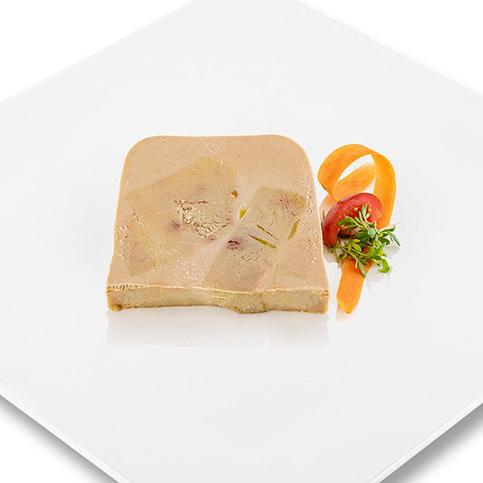 Gänsestopfleberblock mit Stücken von Rougié, eine halbe Konservendose mit 1 kg, hergestellt aus 98% Stopfleberanteil, mit dezent gewürzter reiner Stopfleberfarce (68%) und marinierten Stopfleberstücken (30%) mit Portwein und Gewürzen (2%), in traditioneller Trapezform für ein attraktives Schnittbild, ideal als Vorspeisen-Klassiker mit Brinjal Auberginen Pickle oder Gelees von den Essbaren Landschaften