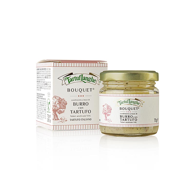 Trüffelbutter-Zubereitung von Tartuflanghe, ideal zum Verfeinern von warmen Speisen mit dem Aroma und Geschmack wertvoller Trüffel, besonders köstlich zu Nudeln, Fleisch und Eiern