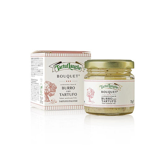 Trüffelbutter-Zubereitung von Tartuflanghe, ideal zum Verfeinern von warmen Speisen mit dem Aroma und Geschmack wertvoller Trüffel, besonders köstlich zu Nudeln, Fleisch und Eiern