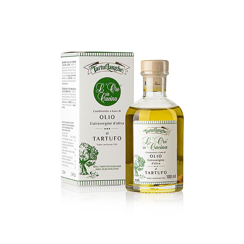 Natives Olivenöl Extra mit gefriergetrockneten schwarzen Sommertrüffeln und naturidentischen Aromastoffen, ideal zum Verfeinern von Salaten und Aromatisieren von Filetsteaks und verschiedenen Käsesorten