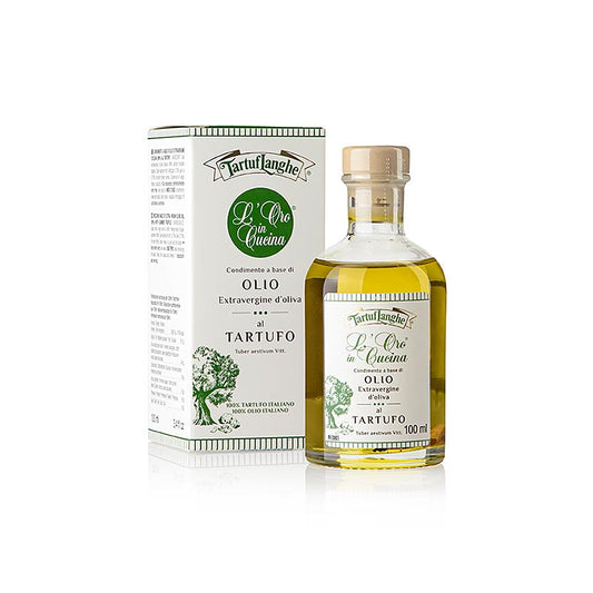 Natives Olivenöl Extra mit gefriergetrockneten schwarzen Sommertrüffeln und naturidentischen Aromastoffen, ideal zum Verfeinern von Salaten und Aromatisieren von Filetsteaks und verschiedenen Käsesorten